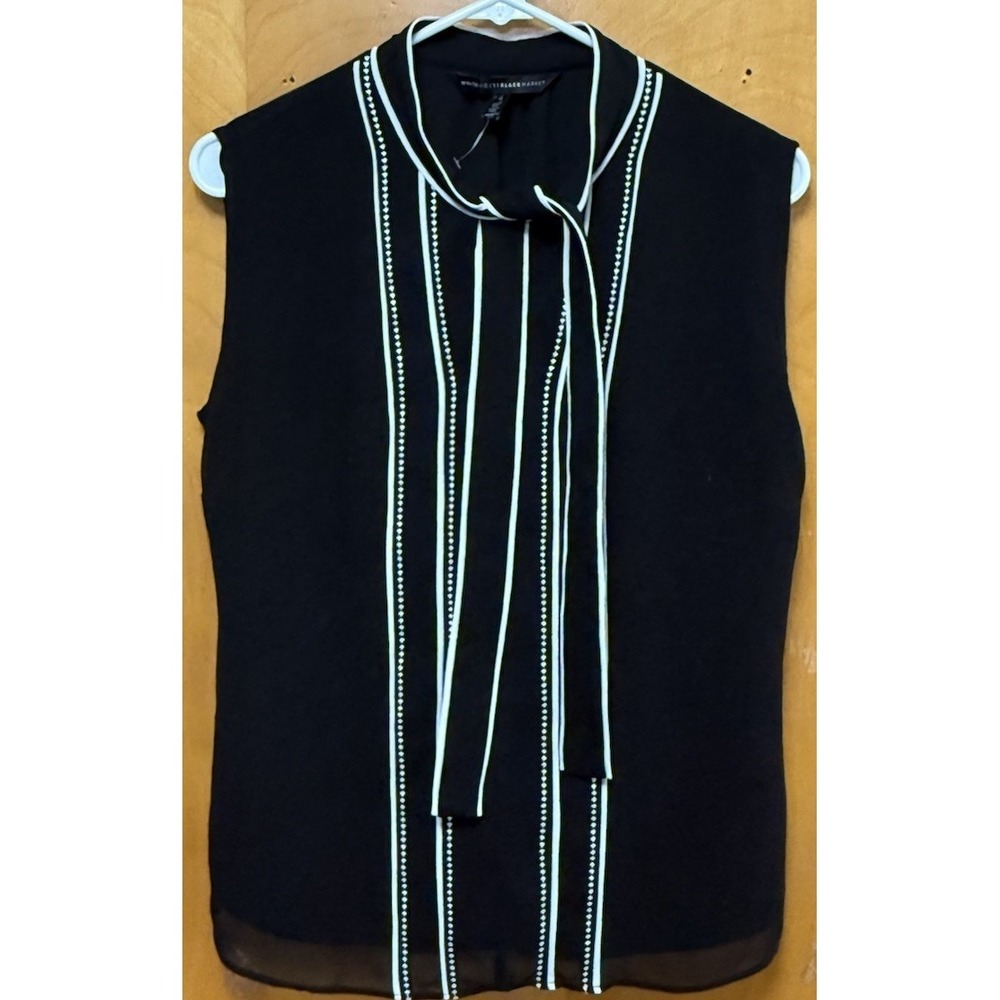 White House Black Market Sleeveless Black White‎ Lined Tie Neck Chiffon Top Sz 4